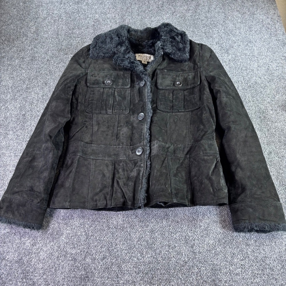 Wilsons Leather Maxima Jacket Women M Black Suede Faux Fur Trim Boho Y2K Coat